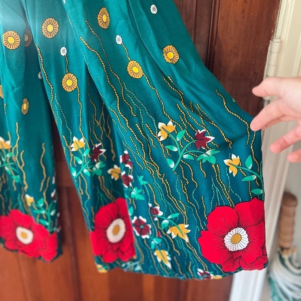 Boho Floral Wide Leg Pants Green | Elastic Waist Palazzo Beach Festival Size M - Picture 4 of 10